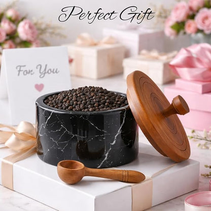 Marble salt cellar with lid and spoon, salt container with spoon, salt bowl with acacia wood lid, salt holder for countertop, salt jar - Black