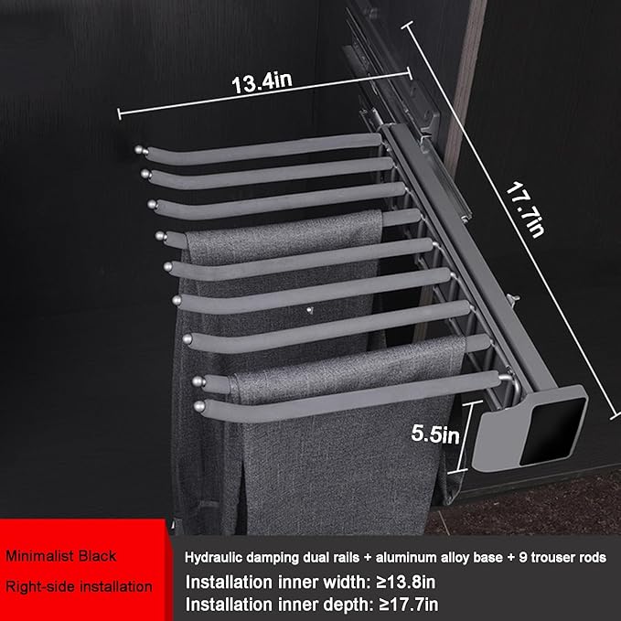 Pull Out Pants Rack, 9 Arms Aluminum Alloy Slid Pant Racks, Closet Pants Organizer Load 51lbs Pull Out Trousers Rack Sizes L 17.7in H 5.5 in W 13.4in (Right-Side Installation)