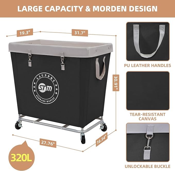STORAGE MANIAC Commercial Laundry Hamper with Heavy Duty Steel Frame, 320 L Industrial Laundry Basket Cart with Wheels for Hotel, Home, Laundry Room, 31.7''L x 19.3''W x 30.91''H, Large Black