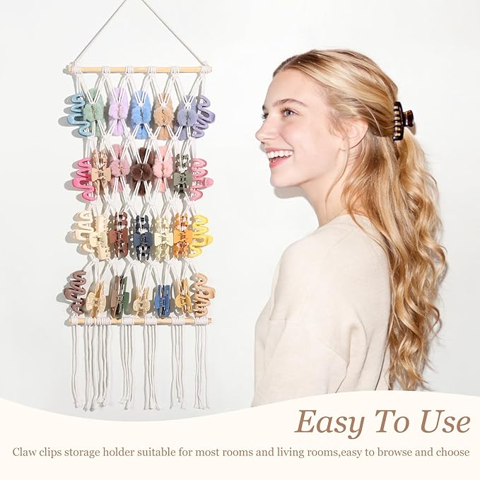 SNOWSTAR Macrame Claw Clip Organizer, Hanging Hair Clip Holder for Women Girls, 4-Tier Diamond-Shaped Grid Claw Clip Hanger, Hanging for Wall,Door,Closet. (white)