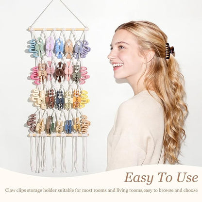 SNOWSTAR Macrame Claw Clip Organizer, Hanging Hair Clip Holder for Women Girls, 4-Tier Diamond-Shaped Grid Claw Clip Hanger, Hanging for Wall,Door,Closet. (white)