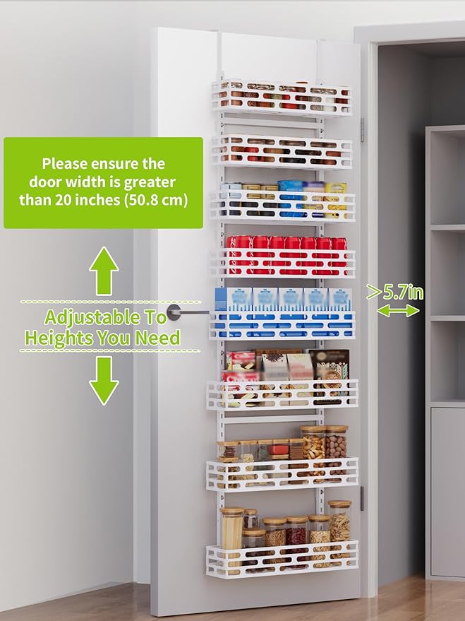 Over the Door Pantry Organizer, Pantry Organization and Storage, 8 Tier Pantry Door Spice Rack Organizer, Metal Over Door Organizer Home Office Laundry Room Bathroom & Kitchen Organization, White