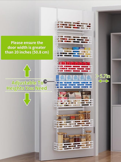 Over the Door Pantry Organizer, Pantry Organization and Storage, 8 Tier Pantry Door Spice Rack Organizer, Metal Over Door Organizer Home Office Laundry Room Bathroom & Kitchen Organization, White