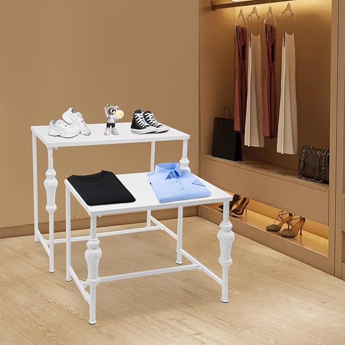 Industrial Retail Display Tables, Set of 2 Standing Clothing Shoes Display Rack Boutique Display Table Storage Shelves for Retail Store, Hotel, office. (White)