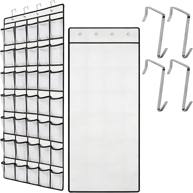 Over the Door Shoe Organizer, 24 Large Breathable Mesh Pockets, Space Saving Hanging Storage, Holds Up to 40 lbs, Hangs on Closets for Shoes, Accessories, White