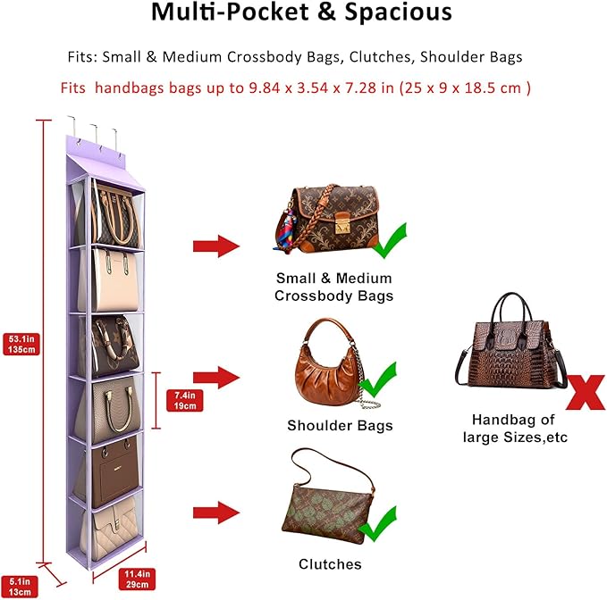 Lirex Over The Door Purse Organizer & Purse Shelf for Closet – Handbag Storage Organizer with Purse Hanger. Perfect for Scarves, Hats, and Leggings. S (11.8'' x 5'' x 51.6''), Purple