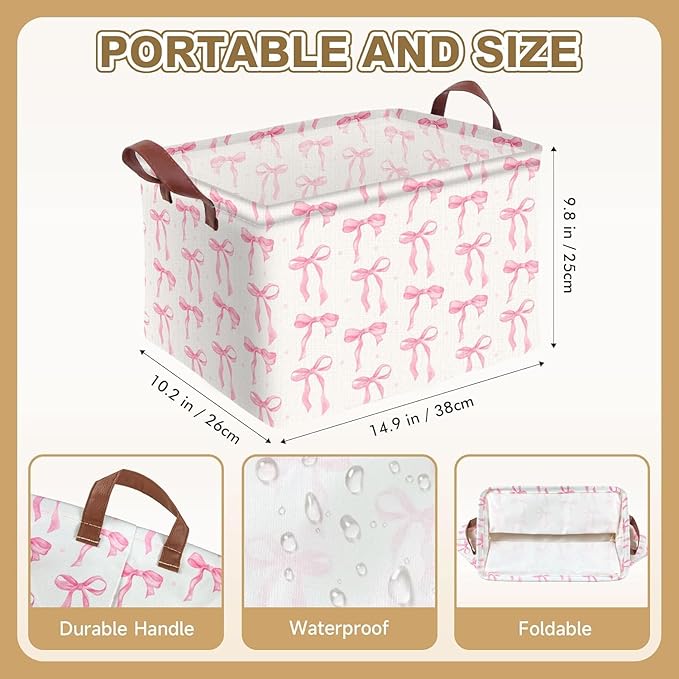 1PC 22L Pink Bow Storage Basket, Waterproof Canvas Organizer, Collapsible Decorative Bin with Handles for Bedroom Closet Toys Clothes Gift