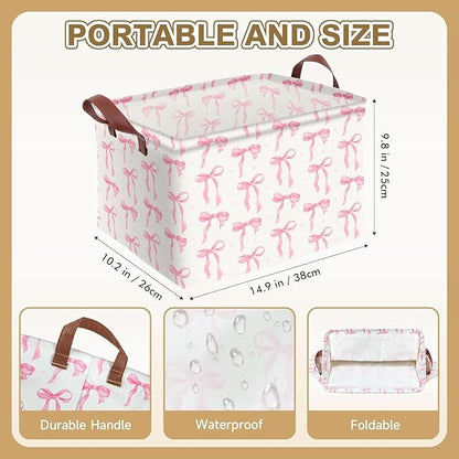1PC 22L Pink Bow Storage Basket, Waterproof Canvas Organizer, Collapsible Decorative Bin with Handles for Bedroom Closet Toys Clothes Gift