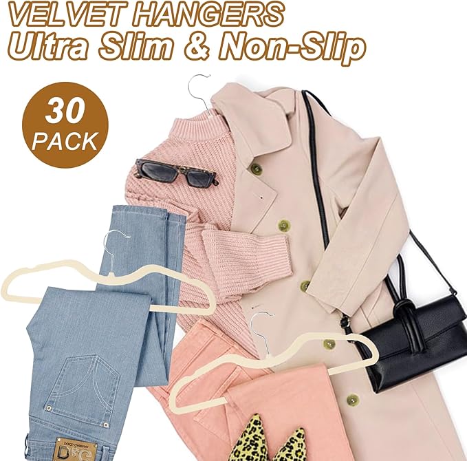 Velvet Pants Hangers Non Slip, 30 Pack Velvet Hangers for Closet with 30 Hooks, Slimline Pants Hanger, Strong Durable Space Saving Flocked Hangaers for Pants/Shirts/Bra/Shorts (Cream-M-Shape)