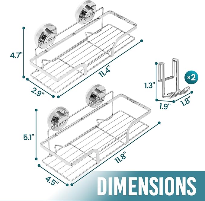 TAILI Shower Caddy Suction Cup 2 Pack, Heavy Duty Bathroom Basket, Bath Shelves for Inside,Stainless Steel Shower Holder for Bathroom Storage & Home Decor,Silver