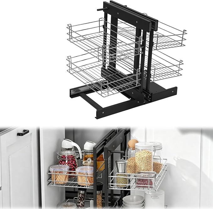 2-Tier 4-Shelf Blind Corner Organizer, Pull-Out Storage Basket with Soft-Close Mechanism, Left/Right Hand Compatible for 15" Min Opening, Chrome Steel Cabinet Organizer for Kitchen/Bathroom
