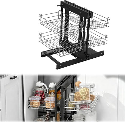 2-Tier 4-Shelf Blind Corner Organizer, Pull-Out Storage Basket with Soft-Close Mechanism, Left/Right Hand Compatible for 15" Min Opening, Chrome Steel Cabinet Organizer for Kitchen/Bathroom