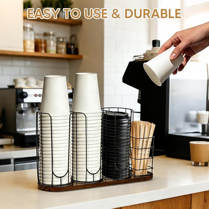4-Compartment 18oz Coffee Cup Dispenser Rack with Wood Base, Disposable Cup Holder,Cup and Lid Holder with Straw Organizer,for Stirrers Pod Countertop, Plastic Cup Station