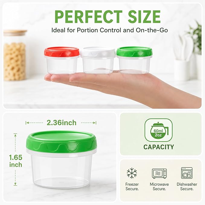 EONJOE 2 oz Plastic Containers with Lids Small Salad Dressing Container To Go Condiment Sauce Dipping Cups Jar Airtight,12-pack