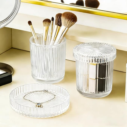 Glass Qtip Dispenser 2 Pack, Clear Bathroom Storage Organizer for Cotton Swabs, Balls, Pads & Floss Picks, Vanity Makeup Essential Accessories (Clear)
