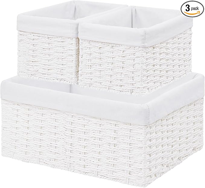 Vagusicc Wicker Basket, Set of 3 Hand-woven Storage Baskets for Organizing, Decorative Rectangle Wicker Storage Basket Bins with Handles, Small Toilet Paper Storage Baskets for Shelves & Decor, White