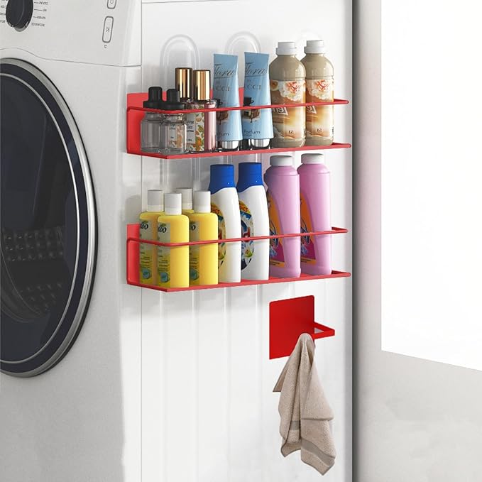 Magnetic Spice Rack For Refrigerator, Space Saving Magnetic Shelf For Fridge Red 2 Pack With Magnetic Paper Towel Holder