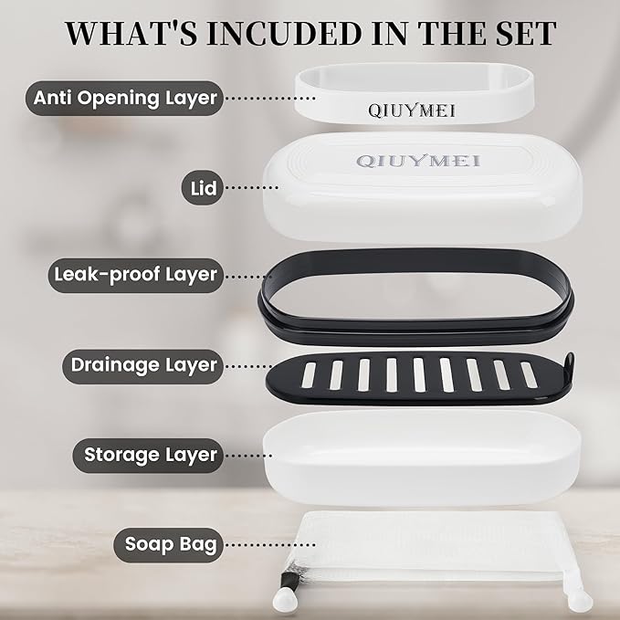 Shampoo Bar Holder Travel Case | Leakproof Soap Container with Lid & Drain Tray | Includes Silicone Strap and Soap Bag | Compatible with Kitsch Solid Shampoo and Conditioner Bars (White, Large)