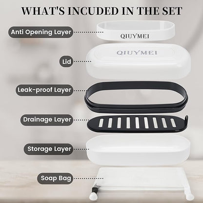 Shampoo Bar Holder Travel Case | Leakproof Soap Container with Lid & Drain Tray | Includes Silicone Strap and Soap Bag | Compatible with Kitsch Solid Shampoo and Conditioner Bars (White, Large)