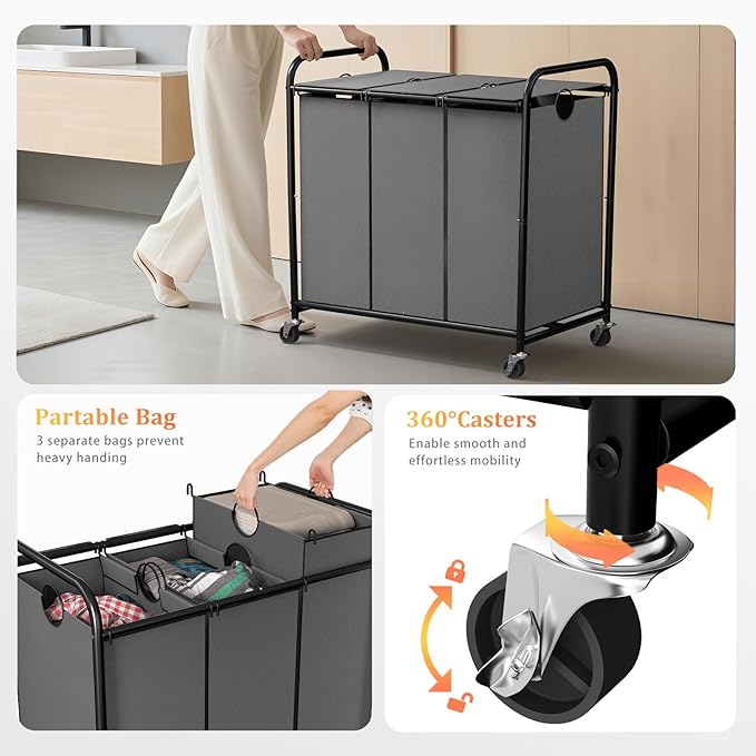 180L (47.55 Gal) Laundry Sorter 3 Section, Rolling Laundry Basket with Lockable Wheels and Lid, Laundry Hamper with 3 Separated Removable Bags Dirty Clothes Hamper for Laundry Room Organizer, Grey