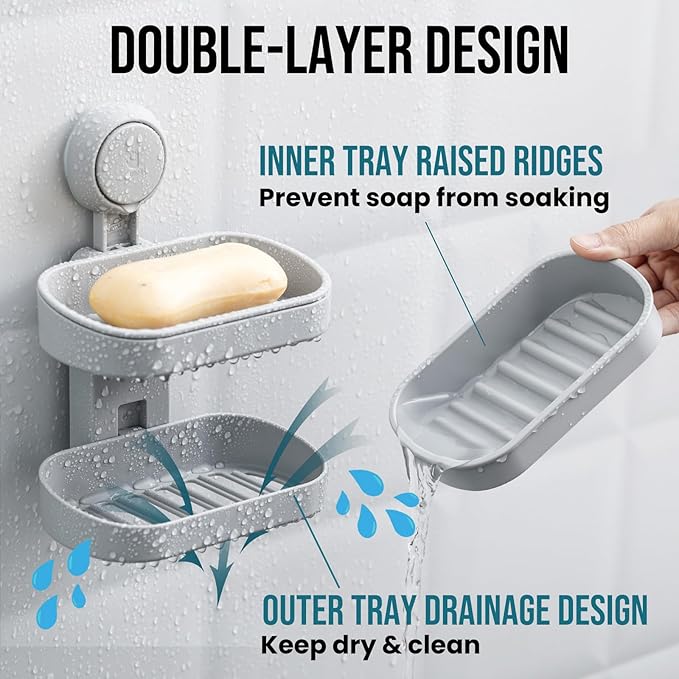 TAILI Soap Holder Soap Dish for Shower, Suction Cup Soap Holder for Shower Wall, Bathroom Accessories, Removable Strong Hold Soap Saver, Drill Free, Grey 2 Layer