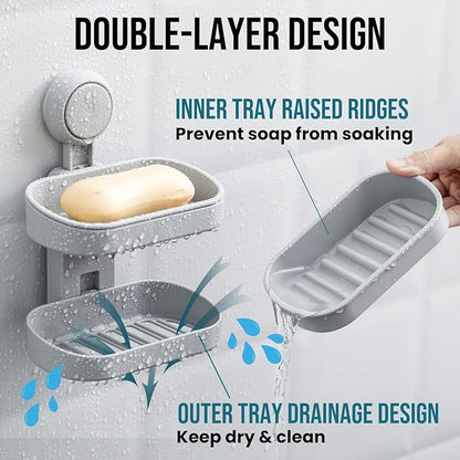 TAILI Soap Holder Soap Dish for Shower, Suction Cup Soap Holder for Shower Wall, Bathroom Accessories, Removable Strong Hold Soap Saver, Drill Free, Grey 2 Layer