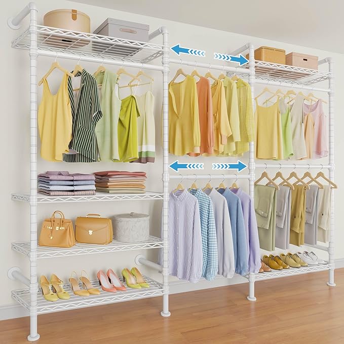Timate F3 Garment Rack Heavy Duty Clothes Rack for Hanging Clothes, Expandable Industrial Pipe Wall Mounted Clothing Rack, Adjustable Storage Closet Wardrobe Closets System, White
