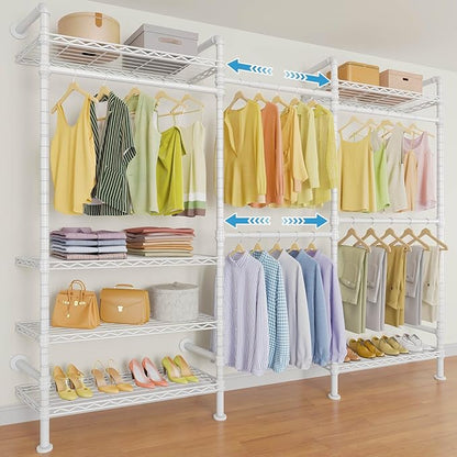 Timate F3 Garment Rack Heavy Duty Clothes Rack for Hanging Clothes, Expandable Industrial Pipe Wall Mounted Clothing Rack, Adjustable Storage Closet Wardrobe Closets System, White