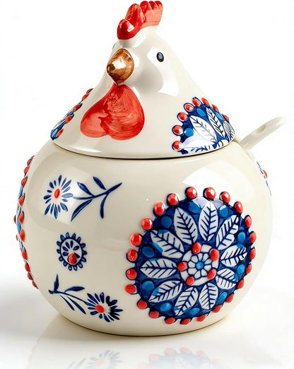 Ceramic Salt Cellar with Lid and Spoon 13oz Large Chicken Rooster Cookie Jar Salt Containers Holder for Counter, Coffee, Sugar, Spices and Candies Holder Ideal for Easter Day Home Kitchen Decor (Blue)