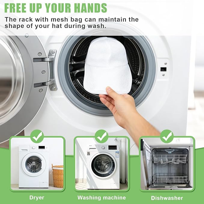 Upgraded Hat Washer with Mesh Laundry Bags, 2-in-1 Baseball Cap Cleaner & Shaper for Washing Machine & Dishwasher, Reusable Cap Protector for Adult & Kids (White - 2 Pack)