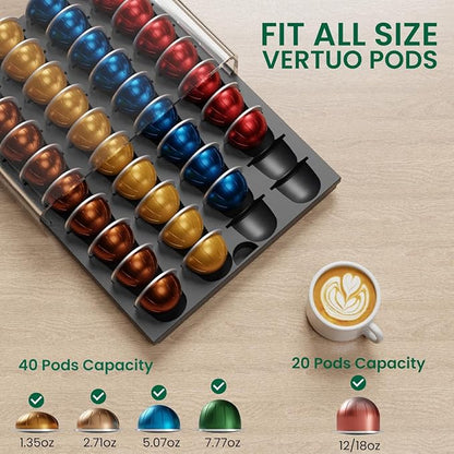 Storage Drawer for Nespresso Vertuo, Coffee Pod Holder for Counter Acrylic Top & Plastic Drawer Coffee Capsule Organizer - 40 Pods