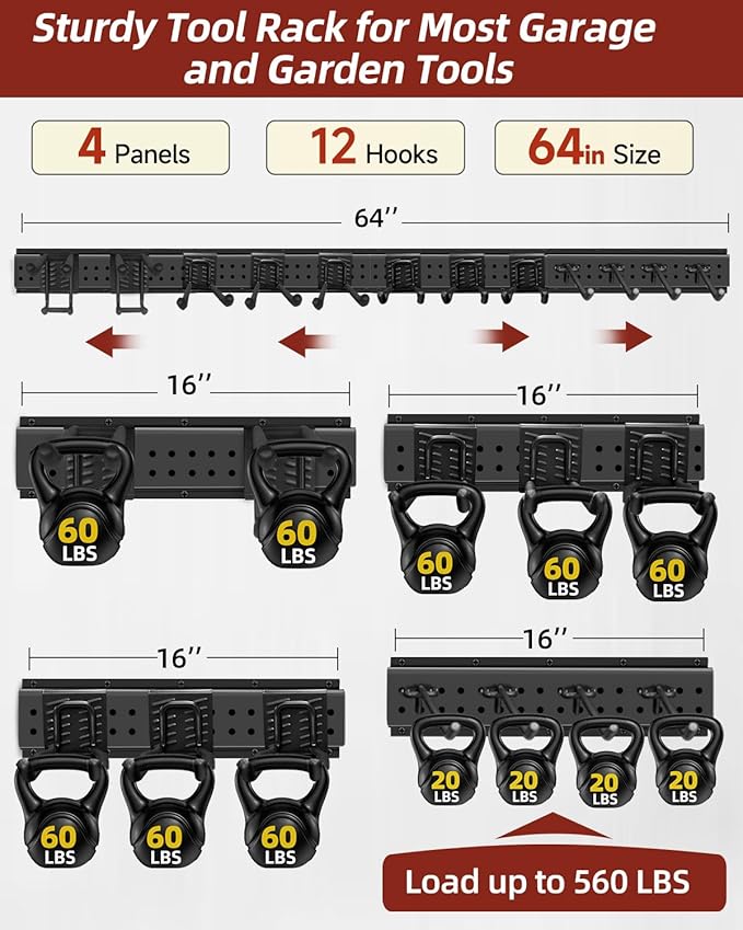64-Inch Garage Storage Tool Organizer Wall Mount, Heavy Duty Garage Organization Metal Rack with 12 Hooks, Garden Tool Hanger Holder for Broom, Shovels, Ladders, Lawn Tools