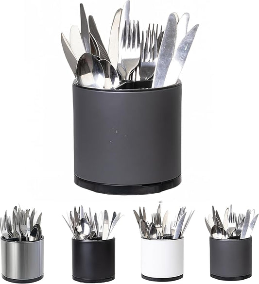 LIBODOUR Silverware Organizer Kitchen Utensil Holder 360°Rotating For Counter Organizer Stainless Steel Storage Silverware Caddy 3 Compartment Flatware Spoon Spatula Tool Cutlery Container(Grey)