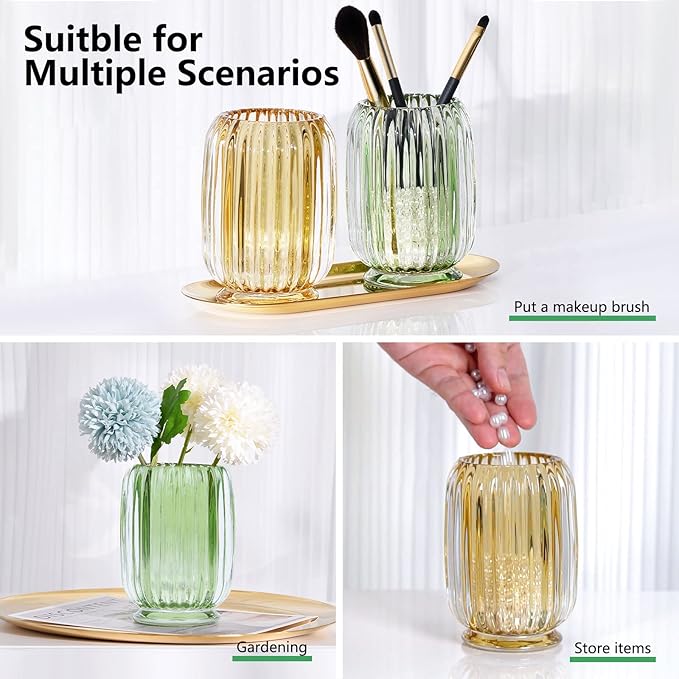 DASITON Makeup Brush holder Organizer,Crystal Cosmetic Makeup Brush Glass Brushes Storage Holder, Vintage Make Up Brush Cup striped vase(Green)