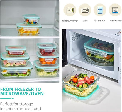YUNCANG 8 Pack Glass Food Storage Containers with Lids, 5oz to 35oz Meal Prep Containers, Airtight Bento Boxes with Leak Proof Locking for Microwave, Oven, Freezer and Dishwasher, BPA Free