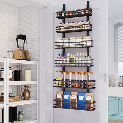 Eastherry Over The Door Pantry Organizer，6-Tier Over The Door Organizer with Adjustable Basket，Metal Hanging Pantry Organizers and Storage for Kitchen, Back of Door Seasoning Rack (Black)