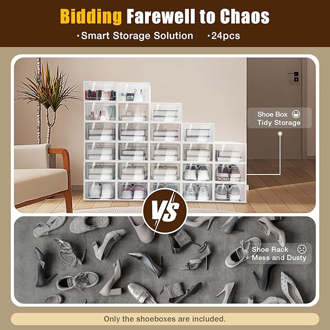 24 Pack Shoe Storage Boxes, Clear Plastic Stackable Shoe Organizer, Foldable Shoe Rack Multi Storage Container Sturdy Sneaker Bin Holder