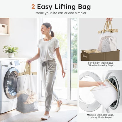 SOLEDI Large Double Laundry Hamper with Lid, Collapsible Clothes Hamper 2 section with Removable Bags, Space-Saving Laundry Basket for Bedroom, Dorm, College