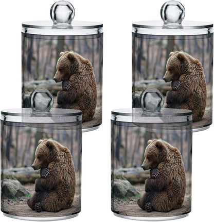 Sitting Bear Pattern Qtip Holder 2 Pack - 10 Oz Clear Plastic Apothecary Jar Set for Bathroom Organization - Versatile Canister Storage for Cotton Balls, Swabs, Rounds