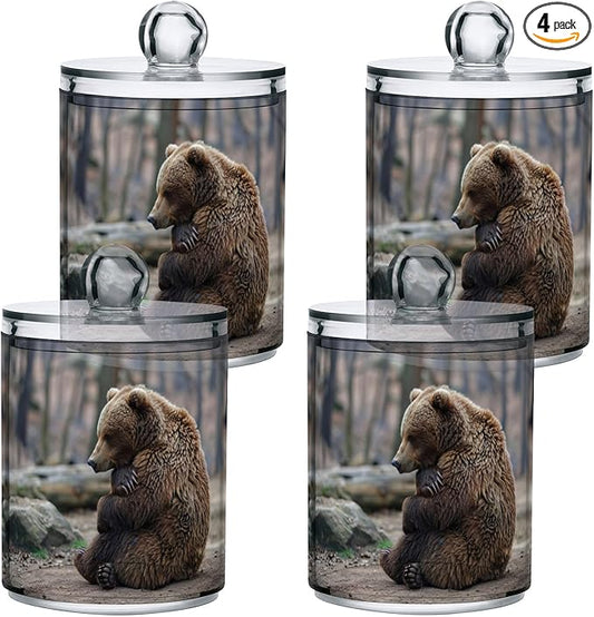Sitting Bear Pattern Qtip Holder 4 Pack - 10 Oz Clear Plastic Apothecary Jar Set for Bathroom Organization - Versatile Canister Storage for Cotton Balls, Swabs, Rounds