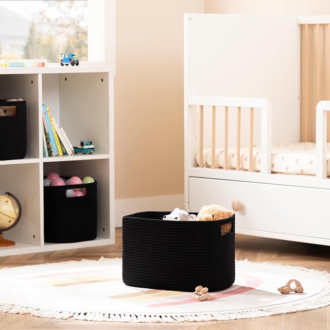 UBBCARE 4 Pack Storage Baskets for Organizing, Shelf Baskets with Handles, Woven Storage Baskets for Bookcase/Cube Shelf/Closet, 14.5"L x 9.8"W x 9"H, Black