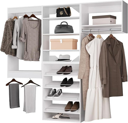 ROOMTEC Modular Closet System, 102" Wall Mounted Modern Closet Organizer with Hanging Rods and Shoe Shelf, Wooden Tower for Walk-In Closets, Wardrobe Storage Kit, White