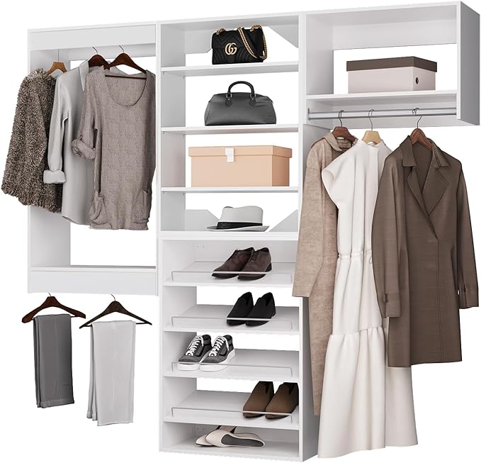 ROOMTEC Modular Closet System, 72" Wall Mounted Modern Closet Organizer with Hanging Rods and Shoe Shelf, Wooden Tower for Walk-In Closets, Wardrobe Storage Kit, White