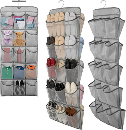 2Pcs 30 Large Pockets Dual Sided Hanging Shoe Organizer for Closet Shoe Storage Shelves with 360 Rotating Hanger Space Saving Storage Bag Hanging Shoe Rack for Bedroom Laundry Room,Gray