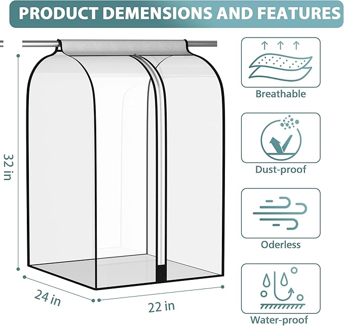 Liuoud 22” Gusseted Garment Bags for Hanging Clothes, All Clear Clothes Cover for Closet Storage, Wardrobe Coat Protector for Suit, Shirt Dress, Bottom Enclosed, 2 Pack, 40” Long