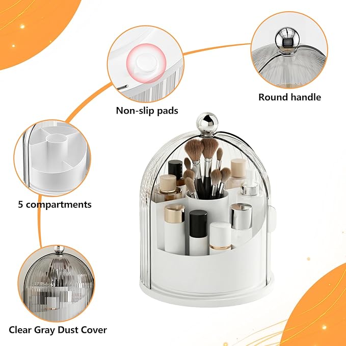Makeup Brush Holder with Lid, 360° Rotating Cosmetic Organizer for Vanity, Covered Beauty Brushes Holder for Bathroom, Skincare Storage for Corner Countertop