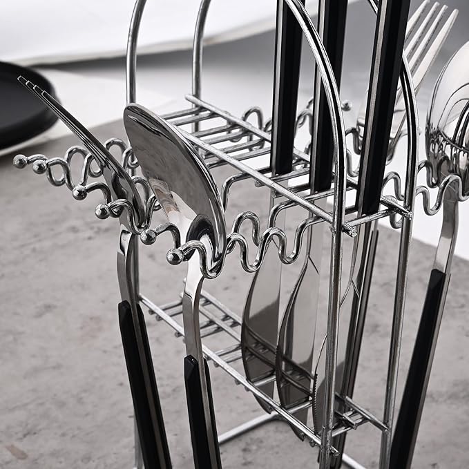24piece Silverware Set with Hanging Holder, Stainless Steel Tableware Set With Cutlery Storage Rack, Decent Gift Box For Housewarming, Party, Dining - Black Silver, set of 6