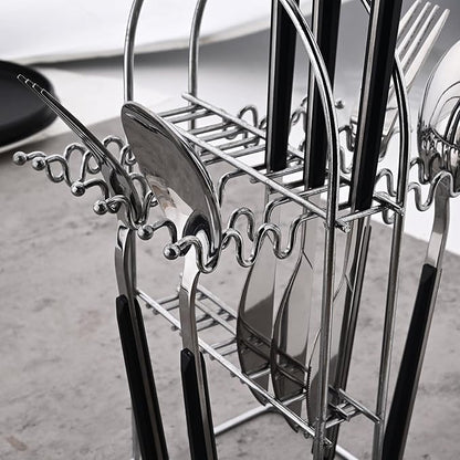24piece Silverware Set with Hanging Holder, Stainless Steel Tableware Set With Cutlery Storage Rack, Decent Gift Box For Housewarming, Party, Dining - Black Silver, set of 6
