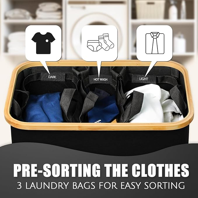 Hampers for Laundry Basket with Lid, 145L Extra Large 3 Section Clothes Divided Organizer for Bedroom, Laundry Room, Dirty Clothing Hamper, Black