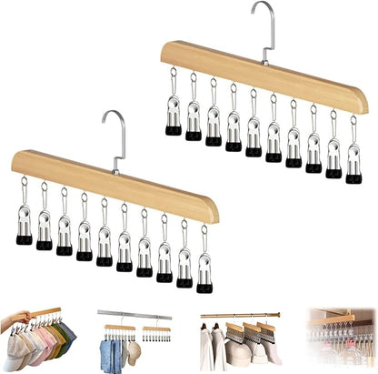Closet Organizer with 10 Clips, Space Saving Hanging Closet Organizer, Legging Hanger for Closet Organizer with 10 Clip for Storing Jeans, Legging, Shorts (Wood-10 Clips, 2PCS)